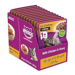 Whiskas Adult (+1 year) Wet Cat Food, Chicken in Gravy, 12 Pouches (12 x 85g)