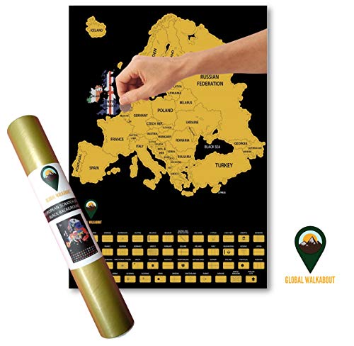 Global Walkabout Scratch off Mappa Europa con Bandiere Sfondo - Deluxe Mini Travel Poster Mappa - Paesi Europei di Misura e Fatti - Travel Gift Nero