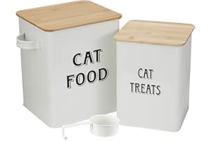 Pethiy - Cajas para Comida y golosinas para Animales - Contenedor de Comida para Gato - Tapas de Madera herméticas y Pala - Acero al Carbono Revestido -Capacidad 8L + 5L-Blanco