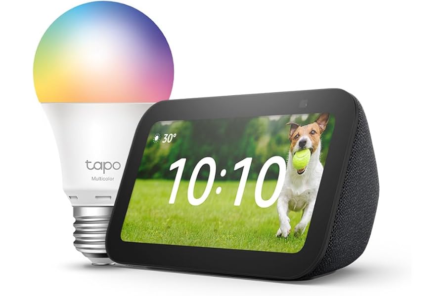 Echo Show 5 (3. Gen.) | Anthrazit + Tapo L530EA Smart Bulb (E27), Funktionert mit Alexa - Smart Home-Einsteigerpaket