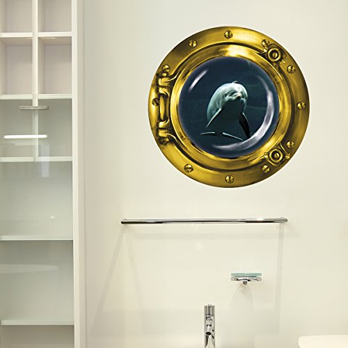 Wandkings Wandsticker Bullauge „Unterwasserwelt – Delfin im dunklen Ozean“ – 40 x 40 cm GOLD - 2