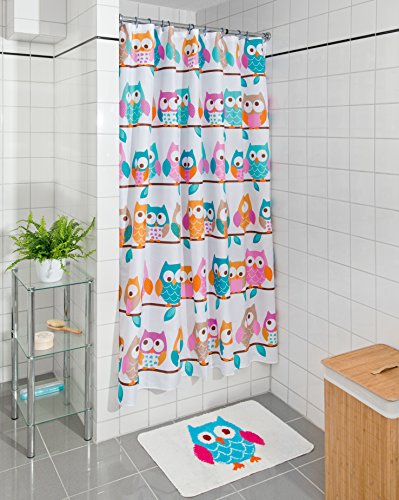 axentia Duschvorhang mit Eulen-Motiv bunt – Badvorhang gemustert für Dusche & Badewanne – Bad-Vorhang wasserabweisend mit 12 Ringen zum Aufhängen – Duschgardine pflegeleicht aus Polyester, 180 x 200 cm - 2