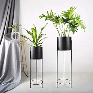 Modern Plant Stand- Set with Tall Metal Stand, Decorative Standing Flower Succulent Pot Holder, Indoor Outdoor Terrace Patio Home Decor,Color Black Stand,Pot