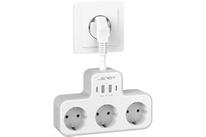 JSVER Regleta Enchufe de 3 Tomas Con 4 Puertos USB (2 A, 2 C) - Ladrón Enchufes Eléctrico (3680W 16A) Para Hogar, Oficina y Viajes - Blanco