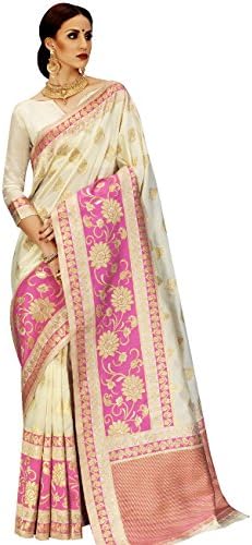 Indian Ethnic Art Banarasi Silk Off White and Pink Handloom Saree