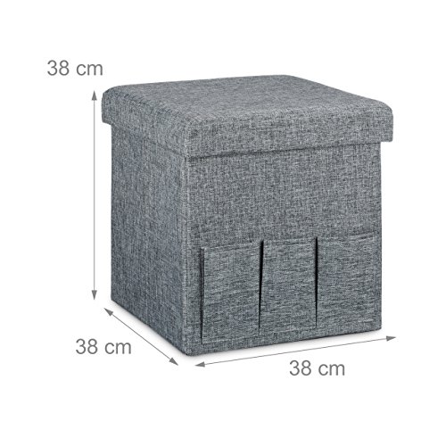 Relaxdays Faltbarer Sitzhocker 38 x 38 x 38 cm stabiler Sitzcube mit 3 Seitentaschen Sitzwürfel aus Leinen Sitzbank als Aufbewahrungsbox mit Stauraum und Deckel zum Abnehmen für Wohnraum, grau - 3