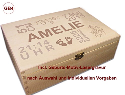 zur Geburt, Holz-Geschenkbox Holz-Kassette, für A4 incl. Auswahl-Lasergravur (GB4)