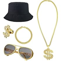 CIYIN Kits de Déguisement Hip Hop, Chaine Hip Hop Homme, Hi-p Ho-p Annee 90 Chaine Dollars Bling, Fausse Chaîne En Or, Rappeur Costumes Homme pour Carnaval Concerts Party Fête