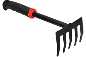 JOYAN Rastrello da giardino in acciaio con 5 denti - Piccolo rastrello per giardino, balcone e orto - Manico ergonomico per la cura del giardino - Larghezza di lavoro 9 cm