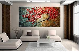 Gbwzz Astratta Fiore Rosso Albero Coltello Pittura a Olio su Tela Bella Immagine Wall Art Home Decor Bel Regalo, 70x140 cm