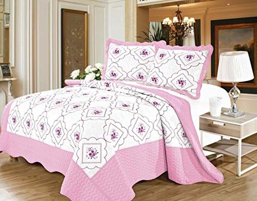 3 Piece Polycotton Floral Embroidered Quilted Bedspread Comforter Throw - Pink (King)