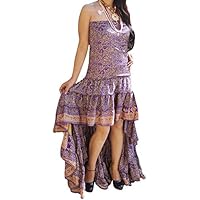 Womens Hi Low Dress Recycled Silk Printed Strapless Swirling Long Summer Beach Party Dresses Medium/Large (Purple)