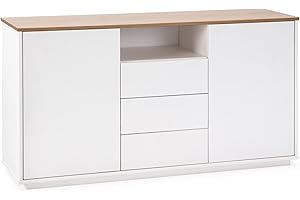 HOMN LIVING Aparador Bob 3 cajones y 2 Puertas Blanco/Roble, Madera Maciza, 140 cm (Ancho) 40 cm (Profundo) 73 cm (Altura)