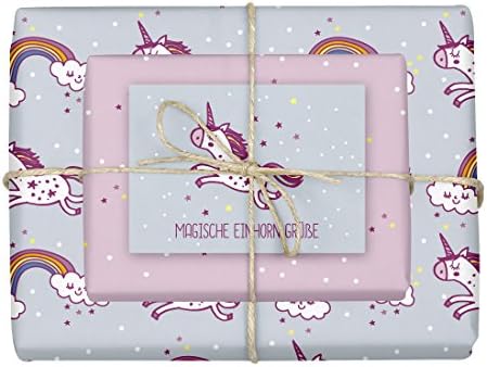 4x Double-sided unicorn wrapping paper + 1x post card for children made In Germany (single sheets 42 x 59 cm, DIN A2/rainbow, stars, dots)