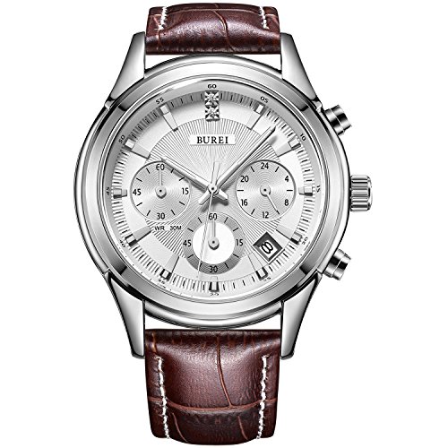 BUREI HERREN ARMBANDUHR silber mit Lederarmband braun BM-17005-01A BUREI HERREN ARMBANDUHR silber mit Lederarmband braun BM-17005-01A
