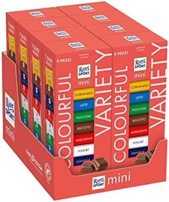 Ritter Sport Mini Tower 150g Colourful Variety, Mix Cioccolatini, 7 Gusti, Cioccolato al Latte, Nocciole, Fiocchi di Mais, Cornflakes, Gianduia, Ripieno allo Yogurt e Biscotto, 8 Mini Tower da 9 Pezzi