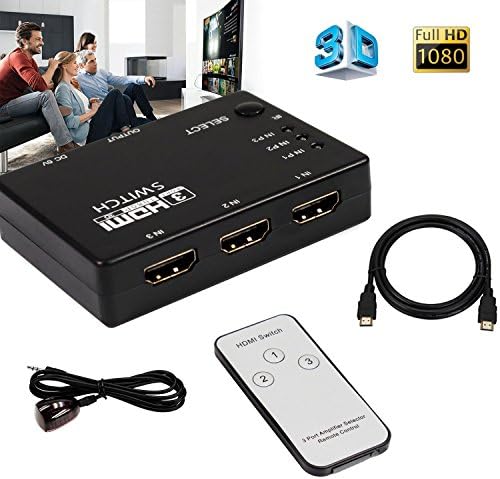 HDMI Switch, Tiken full hd 3-Port HDMI Switcher, automatic switching 3 in 1 out with remote control and ir extender receiver，support 3D 1080P, black (Giving 1 hdmi cable for free)
