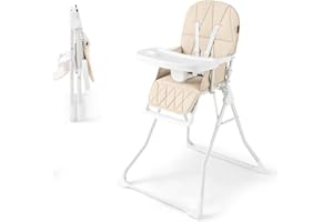 Maxmass Foldable Baby Highchair, Infant Dining Chair with 3-Position Adjustable Tray & Footrest, Removable Seat Cushion, 5-Point Safety Harness, Portable High Chair for Babies and Toddlers (Beige)