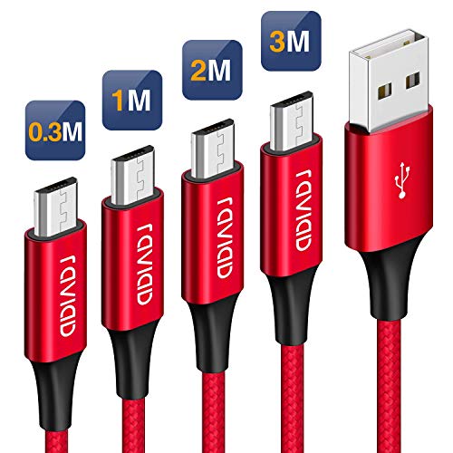 Câble Micro USB, RAVIAD [0.3m 1m 2m 3m/Lot de 4] Chargeur Micro USB Nylon Tressé Charge Rapide et Synchro pour Android Samsung Galaxy S7 S6 Edge J3 J5 J7, Redmi Note 5, Wiko, Huawei, Sony, LG, Kindle