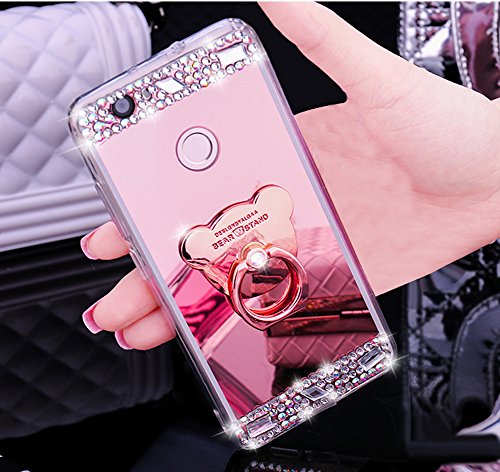 Huawei P8 Lite Hülle, Huawei P8 Lite Spiegel Hülle Mirror Case, Ukayfe [Glitzer Strass Bär Handy Ständer Ring Holder] Glitzer Silikon Hülle Huawei P8 Lite Rose Gold Plating Silikon Schutzhülle Luxus Glänzend Glitzer Kristall Strass Rahmen Weich TPU Handy Tasche Ultra Dünn Silikon Weich Crystal Handyhülle mit Make Up Spiegel Mirror Kratzfeste Handy Tasche Schale Etui Bumper für Huawei P8 Lite – Bär Rose Gold - 2