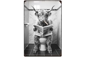 SUPERDANT Plaque Metal Vintage de Toilette Représentant une Vache des Highlands de L'Ouest avec un Journal Plaque Murale Decorative Affiche Vintage Panneau Decoratif Exterieur Metal