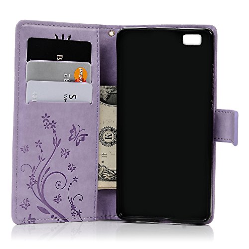 Funda Huawei P8 Lite  Versi  n 2015   Carcasa Libro PU Premium Leather Cuero impresi  n - Mavis s Diary Flip Case Cover Con TPU Goma Flexible Cierre Magn  tico Funci  n de Soporte Billetera con Tapa - Dise  o de Mariposa y flor P  rpura claro