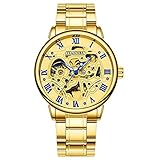 RTVDA Echte Diamant-Herrenuhr automatische ausgehöhlte mechanische Uhr Mode-Trend wasserdicht Herrenuhr, Blaue Skala Gold Stahlband
