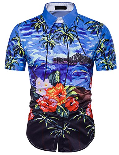 Pinkpum Camisa Hawaiana Manga Corta para Hombre, Diseño de Palmeras y