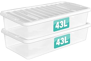 OPTIMAL PRODUCTS 2 x 43 Litre Underbed Clear Plastic Storage Boxes With Lids Set of 2, Transparent Multipurpose Nestable Stackable Plastic Box With Lid Containers For Home, Kitchen, Garage, Office, Accessories