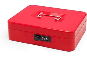 PACOLO Cassetta portavalori in acciaio con serratura a combinazione, piccola cassetta portavalori in metallo con scomparto rimovibile e coperchio bloccabile (rosso, 30 x 24 x 9 cm)