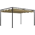 Outsunny 4 x 3(m) Metal Outdoor Pergola with Retractable Roof, Outdoor Gazebo Canopy Shelter with Drainage Holes for Garden, Patio, Lawn, Khaki
