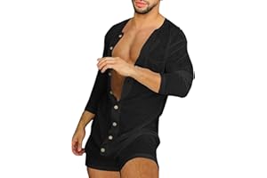 BIBOKAOKE Jumpsuit Herren Sommer kurz Anzug Overall Loose Atmungsaktiv Einreihig Freizeitanzug Onesie Shorts Einteiler Sport Jogging Anzug One-Piece Kleiderknopf Schlafanzug Streetwear