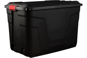 Strata Heavy Duty Large Storage Box with Lid, 190L, Lockable, Indoor/Outdoor. Black Box with Red Handles, Wheels