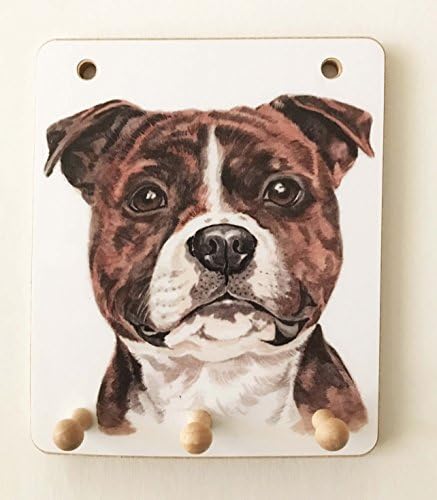 Staffordshire Bull Terrier, Staffie, Staffy, Dog Lover Gift - UK Artist Christine Varley's beautiful 3 Hook Wooden Key/Lead Rack, measures H 6" x 5".
