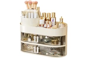 MUSTBEAU Make Up Kosmetik Organizer 3 Stöckig Multifunktionale Kosmetikregal Skincare Aufbewahrung Großer Kapazität Fach 2in1 Beauty Pinselhalter Schminke für Schminktisch Schlafzimmer Bad