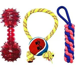 Picckola International Combo of 3 Durable Teething Chew Toys for Puppy | Cotton Tennis Ball Ring |Cotton Dummy|Rubber Line Dumbell Toys for Dogs & Puppies (Combo of 3 Color May Vary)