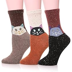 Calcetines de lana de lana para mujer de 3 a 5 pares con varios estampados de moda(Gato)