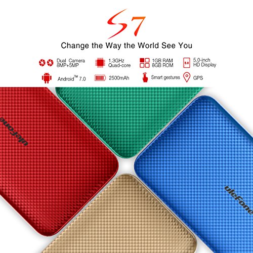 Ulefone S7 Smartphone ohne Vertrag (5 Zoll HD Display, Quad-Core Prozessor, 1 GB RAM, 8 GB Speicher, Dual-Hinterkameras, Dual SIM(Micro-Sim), Android 7.0, GPS) rot