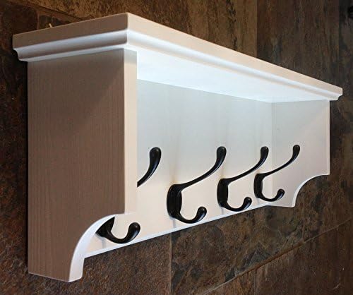 Original Crate Furniture Hat and Coat Rack with Single Storage Shelf Wall Mounted Solid Wood Display Shelves with Cast Iron Hooks for Hall Kitchen Bathroom or Bedroom, Antique White