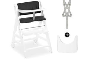 hauck Beta Plus Trona Evolutiva Madera con Certificado FSC® Cojín y Bandeja, Trona Bebe Evolutiva a partir de 6 Meses con Arnés de Seguridad y Ruedas, Sistema Antivuelco, Blanco
