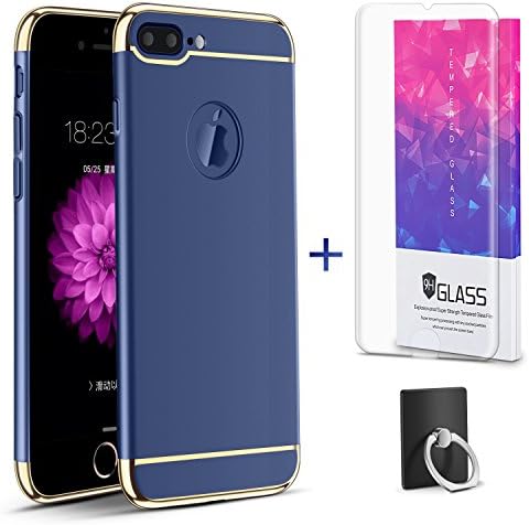 Hanglong 3 in 1 Full Protective Phone Case with Electroplate Frame For iPhone 7 Plus (with one Tempered Glass Screen Protector)-Navy Blue