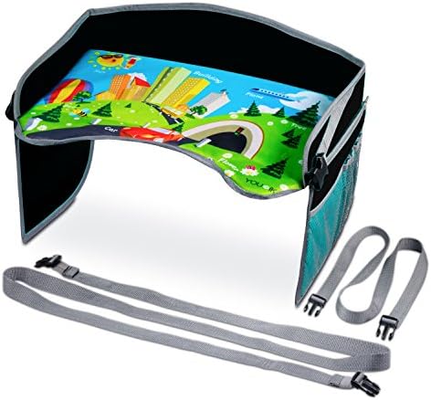 Kids Travel Tray - Uiter Toddler Play Tray with Mesh Pockets, Reinforced Sides &amp; Adjustable belts for Car Seat, Stroller and Plane. Makes Drawing, Snacking and Activities Easier(Black)