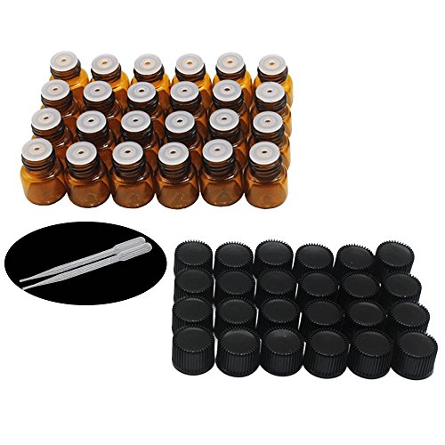 One Trillion Ambar Botellas de Aceite esencial de Vidrio Vacías 1ml,con Reductor de Orificio y Tapa,Para Aceites Esenciales, E-Líquidos,Aromaterapia,Perfumes,Masajes,Laboratorio de Química - 24 Pcs 