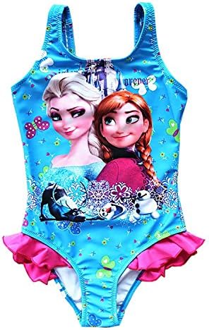 UK SELLER FREE DELIVERY Girls Swimwear Frozen Swimming Costume Elsa and Anna with Frill Swimsuit 3-9 Years (4-5 Years, Blue with Pink Frill)