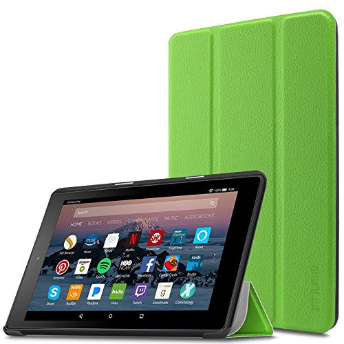 Amazon Fire 7-Hülle (7-Zoll-Tablet, 7. Generation - 2017) - Infiland Ultra Dünn Tri-Fold Muschel PU Leder Ultra Schlank Superleicht Ständer Shell Cover Schutzhülle Etui Tasche für Das neue Fire 7 (2017), 17,7 cm (7 Zoll) Display Tablet(Grün)