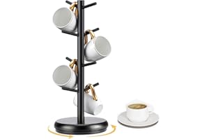 Niciksty Soporte Tazas, Soporte Giratorio de 360° para Tazas de Café con 8 Ganchos, Organizador de Tazas de Cafe de Bambú en Forma de Tazas para Tazas de Café para Estación de Café Organizador