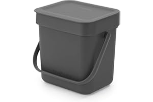 Brabantia Sort & Go Food Waste Bin 3L (Grey), Space-Efficient Plastic Recycle Bin with Handle, Removable and Stay-Open Lid, Easy to Clean Kitchen Compost Caddy without Nooks and Rims