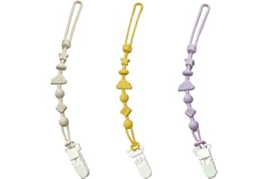 3 Pack Silicone Pacifier Clips - Luoqun88 Silicone Dummy Clip for Baby Boys and Girls, One Piece Design, Universal Fits Most Pacifiers & Teething Toys, Food-Grade Silicone (Beige, Purple, Yellow)