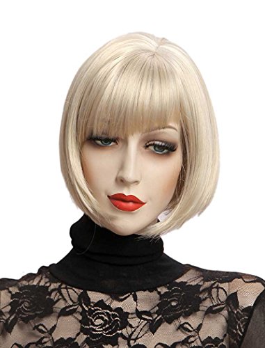 Tsnomore Short Straight Mix Color Fashion Full Bangs Soft Touch Bob Women Wig (Light Blonde)