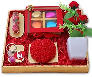 Valentines Gift/Valentines Day Gift for Girlfriend/boy Friend/Valentines Day Gift Hamper-Golden Tray+Chocolate Box+Flower vase+Key Chain+Message Bottle+Heart Shaped Candle+Valentines Card